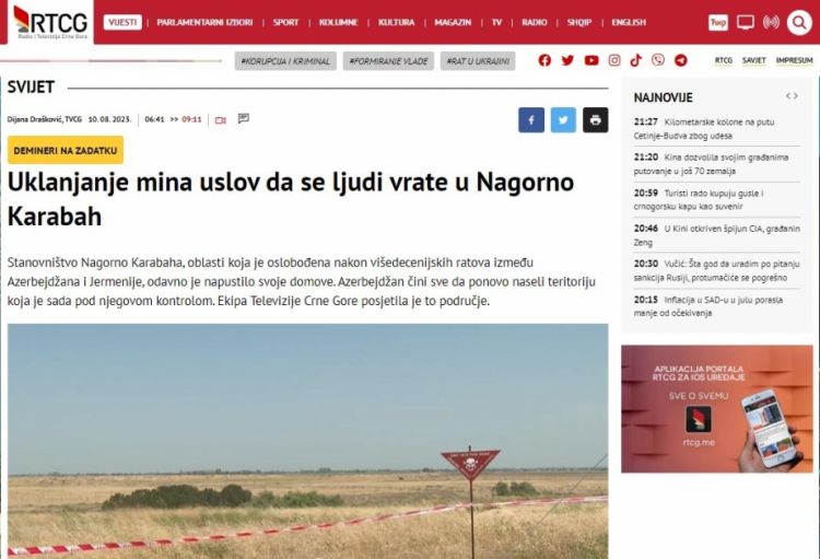 Monteneqronun “RTCG” kanalı: İnsanların Qarabağa qayıtması üçün ərazilərin minalardan təmizlənməsi mühüm şərtdir