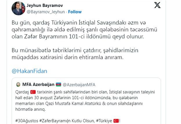 Ceyhun Bayramov Türkiyəni Zəfər Günü münasibətilə təbrik edib