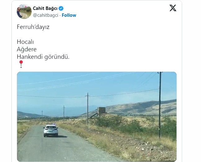 Türkiyə səfiri Ağdam-Xankəndi yolundan paylaşım edib: "Xocalı, Ağdərə, Xankəndi göründü"