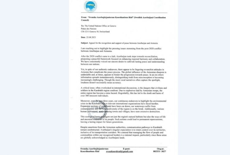İsveç Azərbaycanlıları Koordinasiya Şurası beynəlxalq ictimaiyyəti ölkəmizin sülh səylərini dəstəkləməyə çağırıb