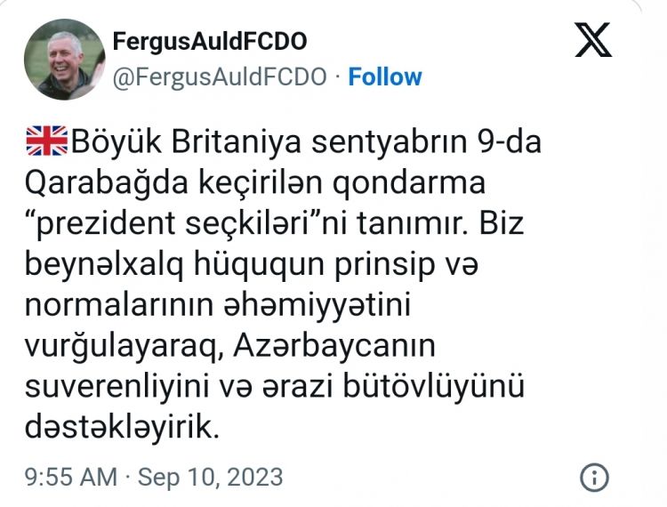 Britaniya Azərbaycanın Qarabağ bölgəsində keçirilən qondarma “seçkilər”i tanımır