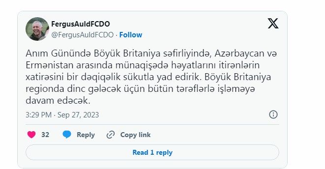 Səfir: "Britaniya regionda dinc gələcək üçün bütün tərəflərlə işləməyə davam edəcək"