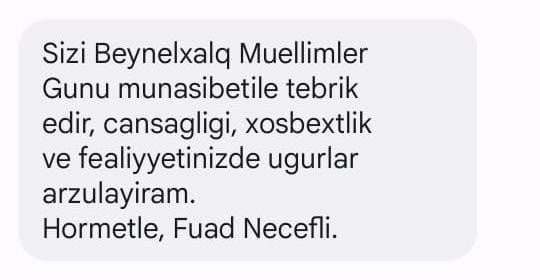 Muxtar respublikada fəaliyyət göstərən müəllimlər sosial şəbəkə hesablarında səlahiyyətli nümayəndə Fuad Nəcəflinin təbrik mesajını paylaşıb