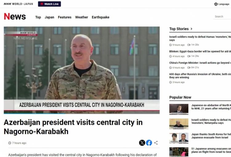 Yaponiyanın NHK kanalı Azərbaycan Prezidentinin Xankəndiyə səfəri barədə süjet yayımlayıb