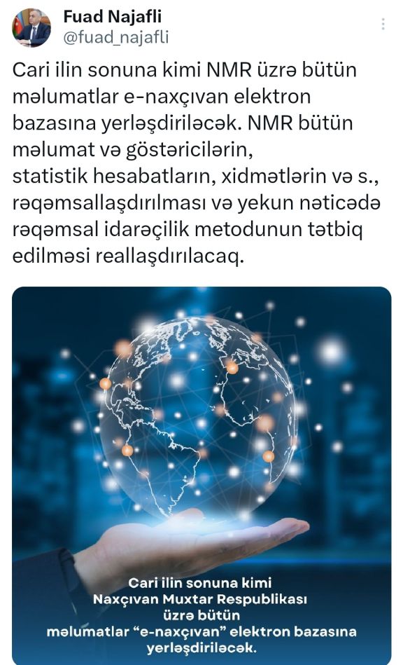 Bu ilin sonuna kimi Naxçıvan üzrə bütün məlumatlar e-naxçıvan elektron bazasına yerləşdiriləcək