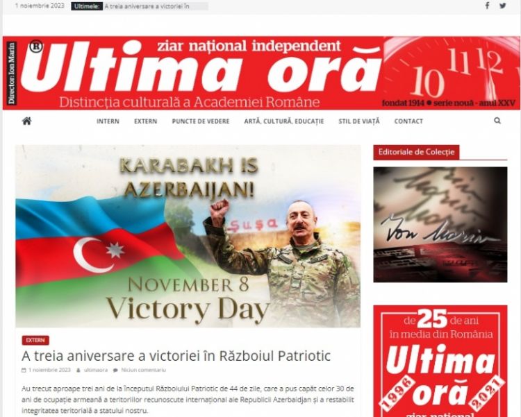 Rumıniya qəzeti Azərbaycanın Zəfər Günü ilə əlaqədar məqalə yayıb