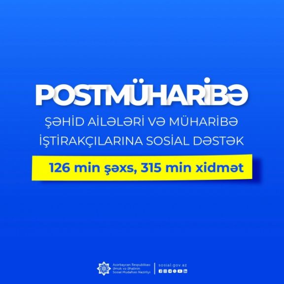 Postmüharibə dövründə şəhid ailələri üzvləri və müharibə iştirakçıları olan 126 min şəxsə 315 min xidmət göstərilib<font color=red> - FOTOLAR</font>