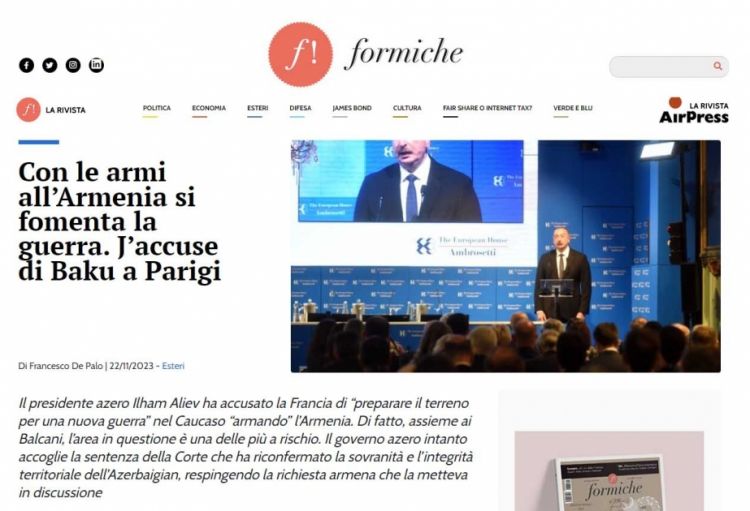 İtaliya saytı Prezident İlham Əliyevin Fransanın destruktiv fəaliyyətinə dair fikirlərini geniş işıqlandırıb