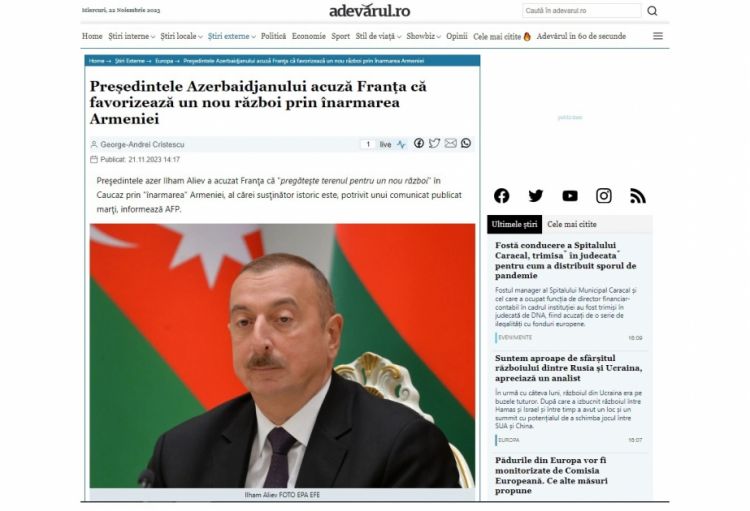 Rumıniya mediası Azərbaycan Prezidentinin Fransanın siyasəti ilə bağlı tənqidi fikirlərinə yer ayırıb