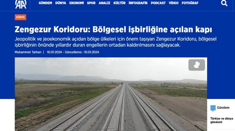 “Anadolu” agentliyi: Zəngəzur dəhlizi regional əməkdaşlığa açılan qapıdır<font color=red> - VİDEO</font>