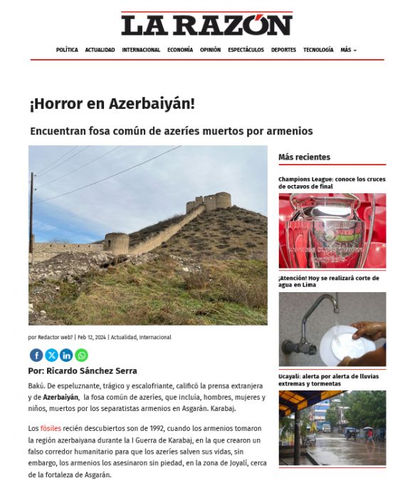 Peru mətbuatında erməni cinayətlərindən bəhs olunub<font color=red> - FOTOLAR</font>
