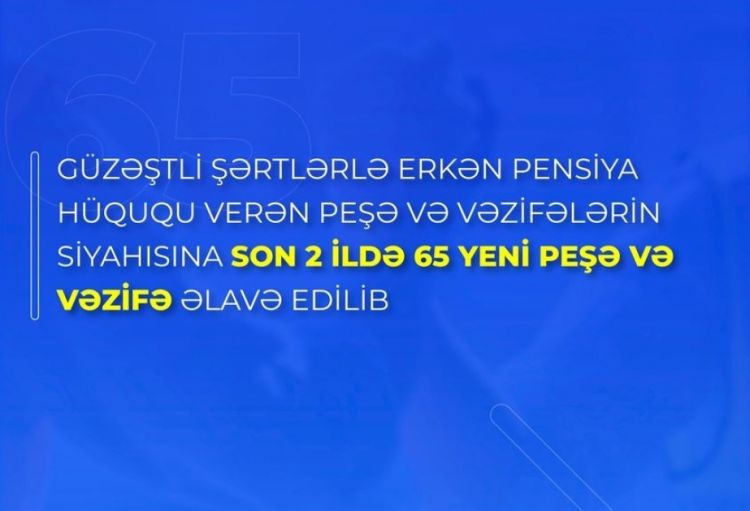 Güzəştli şərtlərlə erkən pensiya hüququ verən peşə və vəzifələrin siyahısına son 2 ildə 65 yeni peşə və vəzifə əlavə edilib
