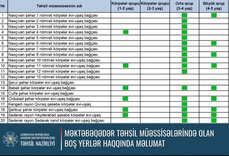 Naxçıvanda 20 məktəbəqədər təhsil müəssisəsində vakant yerlər mövcuddur