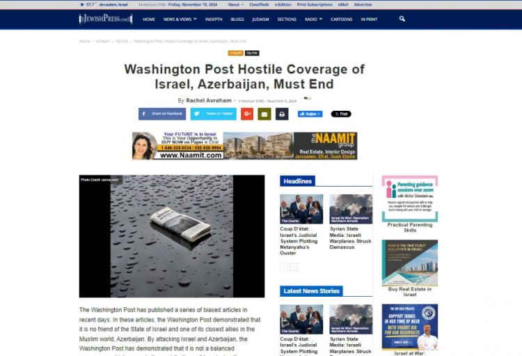 “Jewish Press”: “Washington Post” Azərbaycana və İsrailə hücum etməklə özünün qərəzsiz olmadığını göstərdi