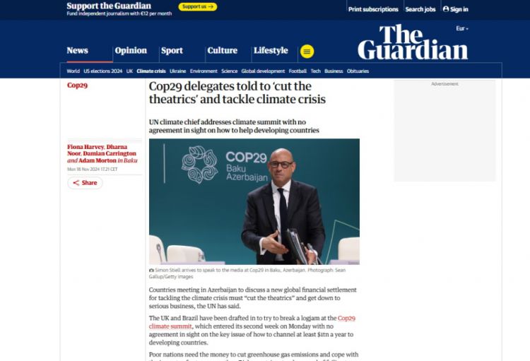 “The Guardian”: BMT COP29-da iştirak edən ölkələri konkret qərarlar qəbul etməyə çağırıb