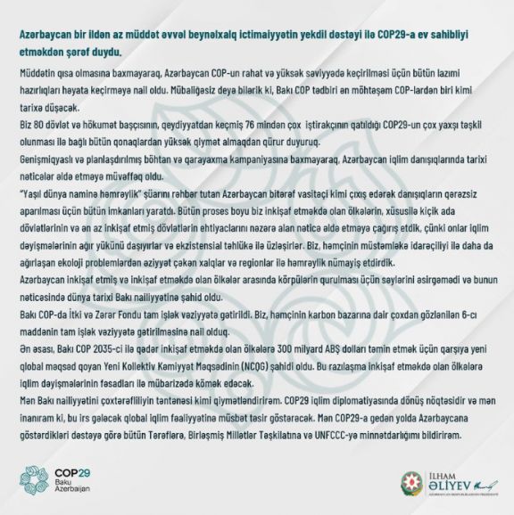 Azərbaycan Prezidenti: COP29 iqlim diplomatiyasında dönüş nöqtəsidir