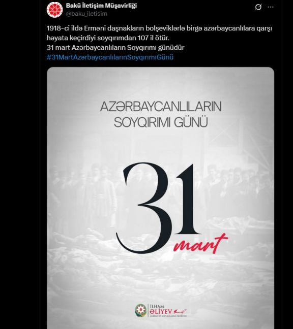 Türkiyə səfirliyi Azərbaycanlıların Soyqırımı Günü ilə bağlı paylaşım edib