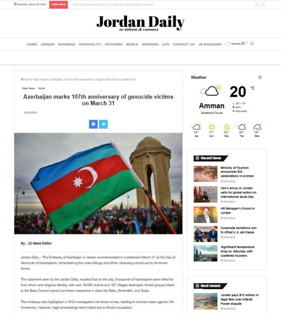 İordaniya mətbuatında Azərbaycanlıların Soyqırımı Günü haqqında məqalə nəşr olunub