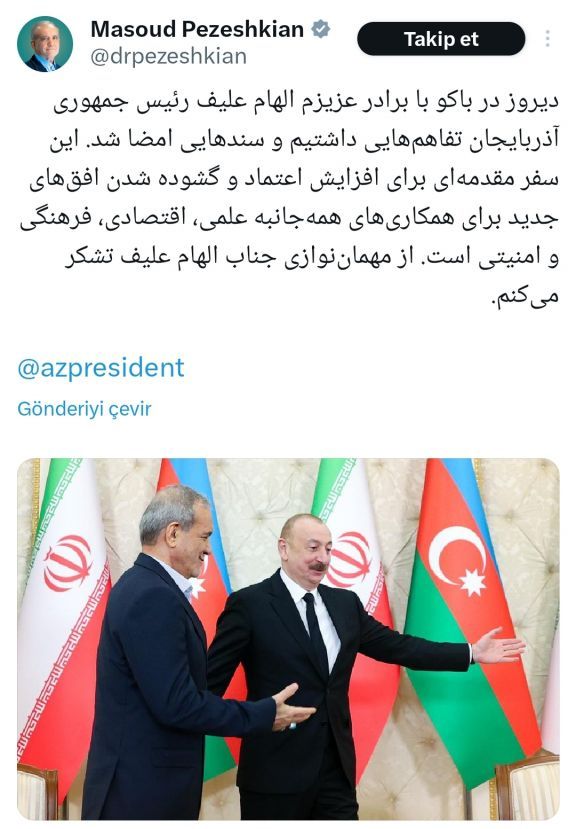 Pezeşkian İlham Əliyevə Azərbaycana səfəri zamanı göstərilən qonaqpərvərliyə görə təşəkkür edib