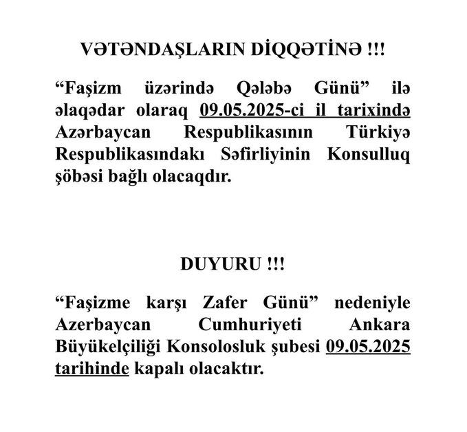 Azərbaycanın Türkiyədəki səfirliyinin Konsulluq şöbəsi bu tarixdə bağlı olacaq
