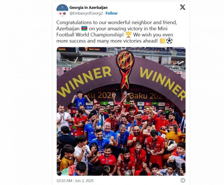 Gürcüstan səfirliyi Azərbaycan millisini dünya çempionatında qələbə münasibətilə təbrik edib 