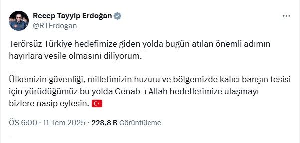 Ərdoğan PKK-nın silahları təhvil verməsi barədə paylaşım edib