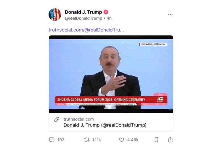 Donald Tramp Prezident İlham Əliyevin Xankəndidəki çıxışından bir hissəni paylaşıb