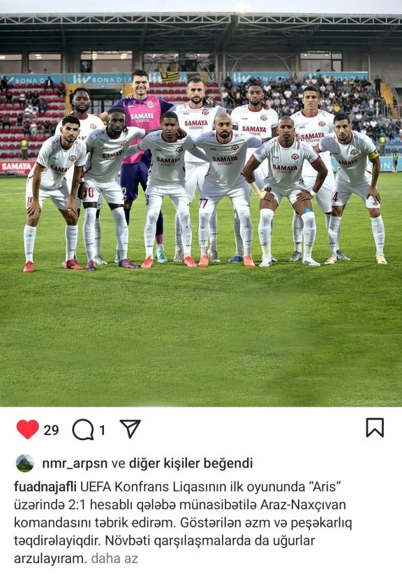 Səlahiyyətli nümayəndə "Araz-Naxçıvan"ı tarixi qələbə münasibətilə təbrik edib