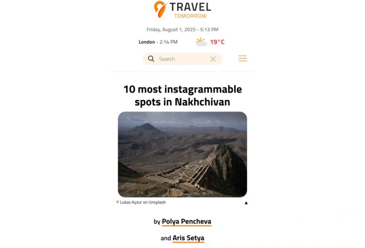 Məşhur turizm nəşri “Travel Tomorrow” Naxçıvanla bağlı paylaşım edib