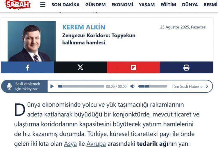 Türkiyə nəşri: “Zəngəzur dəhlizi regional əməkdaşlığa və inkişafa güclü stimuldur