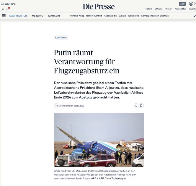 Avstriya mətbuatı: Rusiya AZAL təyyarəsinin qəzasına görə məsuliyyəti öz üzərinə götürüb<font color=red> - FOTOLAR</font>