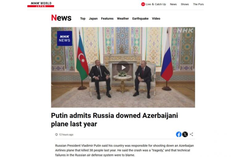 NHK: Putin Rusiyanın ötən il Azərbaycan təyyarəsini vurmasını etiraf edib