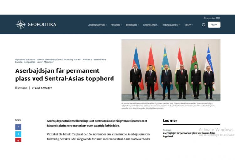 Norveçin “Geopolitika” nəşrində Azərbaycan-Mərkəzi Asiya əməkdaşlığının genişlənməsi barədə məqalə dərc olunub