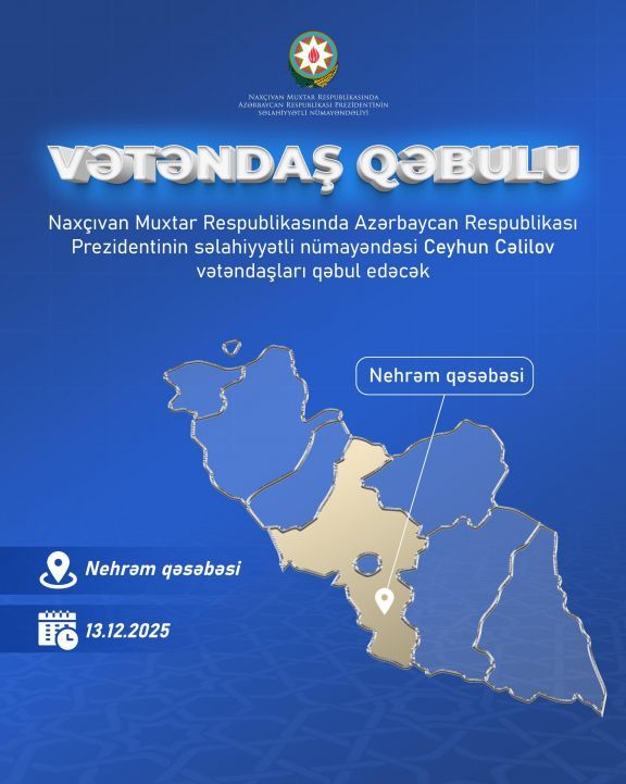 Səlahiyyətli nümayəndə Nehrəm qəsəbəsində vətəndaşları qəbul edəcək