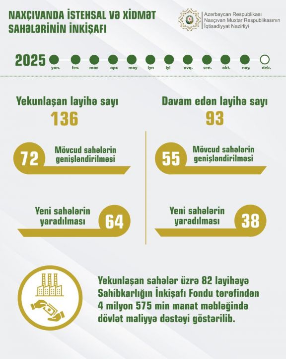 Naxçıvanda 136 layihə üzrə yeni istehsal və xidmət sahələri yaradılıb