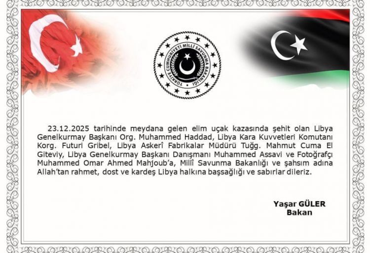 Türkiyənin milli müdafiə naziri Liviya xalqına başsağlığı verib