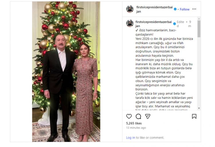 Azərbaycanın Birinci vitse-prezidenti Mehriban Əliyeva 2026-cı ilin ilk günü ilə bağlı paylaşım edib