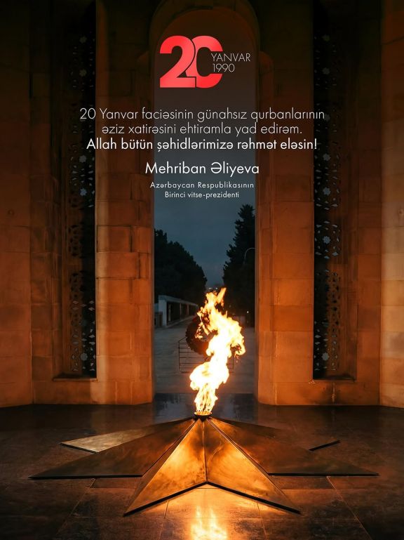 Birinci vitse-prezident Mehriban Əliyeva 20 Yanvar faciəsinin ildönümü ilə bağlı paylaşım edib