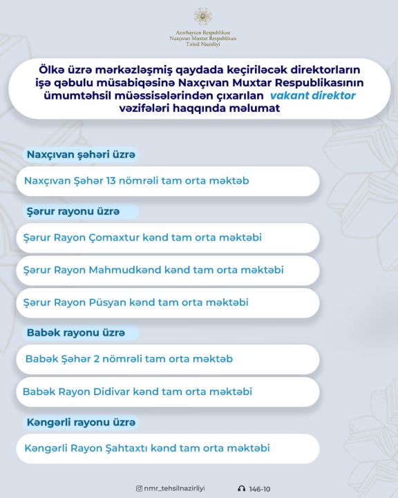 Naxçıvanda 7 məktəbə direktor vakansiyası elan olunub