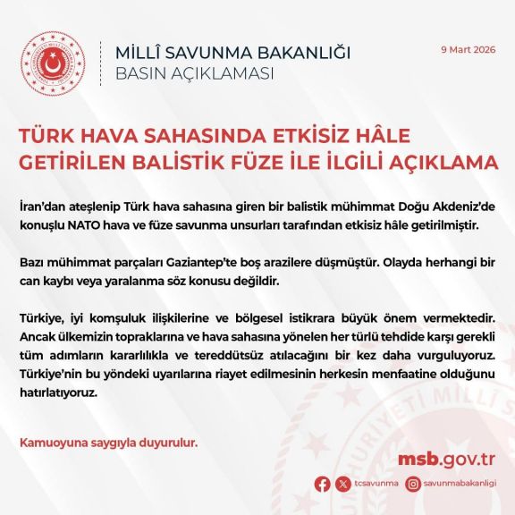 Türkiyə MN hava məkanında zərərsizləşdirilən ballistik raketlə bağlı açıqlama yayıb