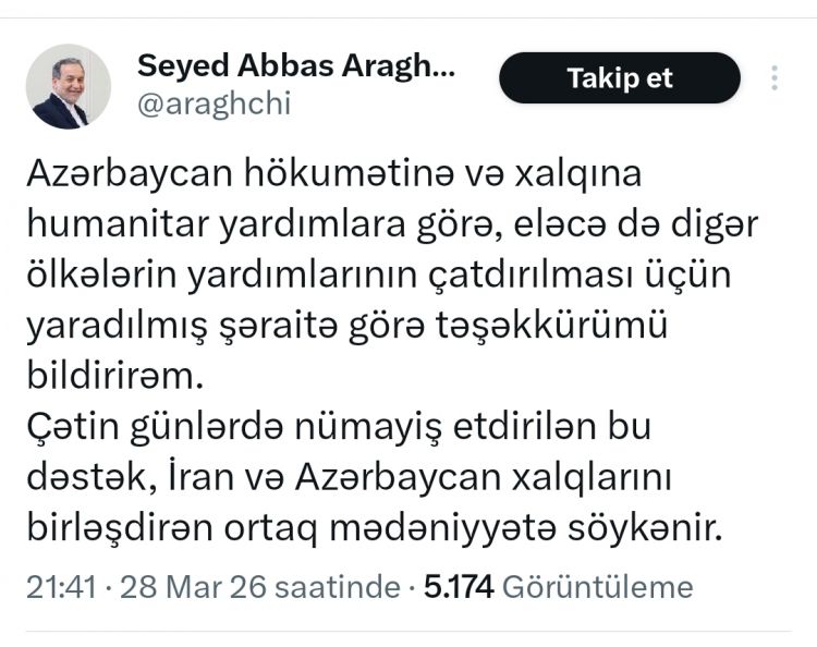 İran XİN rəhbəri humanitar yardımlara görə Azərbaycana təşəkkür edib