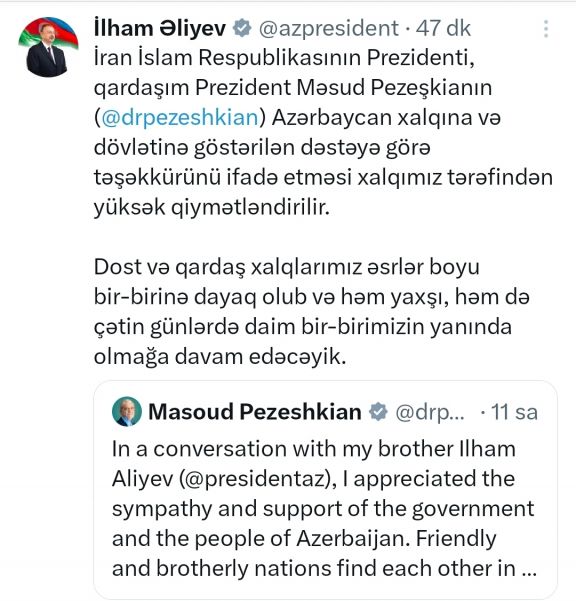 İlham Əliyev: Azərbaycan və İran daim bir-birinin yanında olmağa davam edəcək