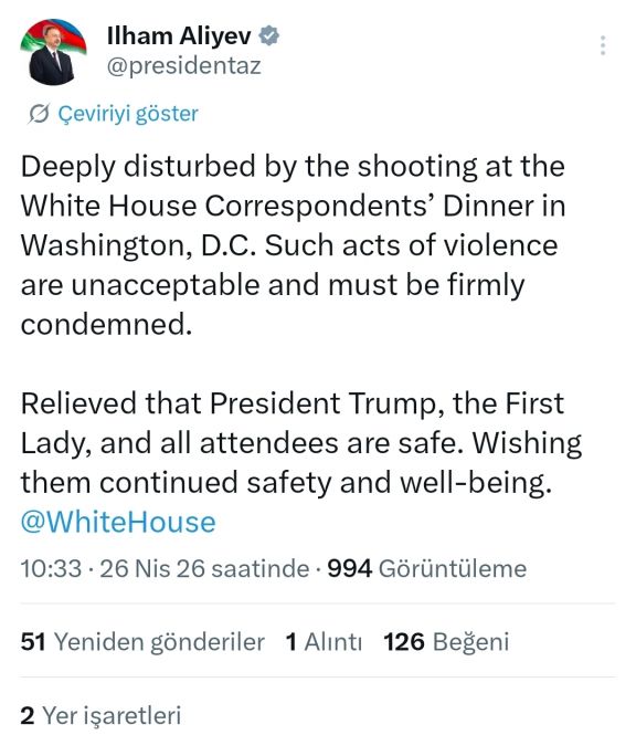 Prezident İlham Əliyev: Ağ Ev Müxbirləri Assosiasiyasının şam yeməyində baş verən atışma məni dərindən sarsıdıb