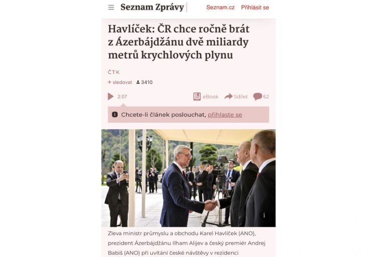 Çexiya Azərbaycan qazının idxalını genişləndirməyi planlaşdırır