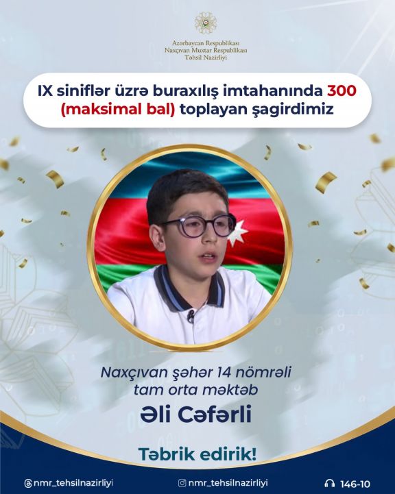 Naxçıvan məktəblisinin böyük uğuru – buraxılış imtahanında maksimum nəticə göstərib