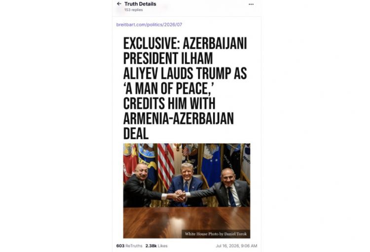 Tramp Azərbaycan Prezidentinin ABŞ ilə münasibətlər barədə qiymətləndirməsinin yer aldığı məqaləni paylaşıb