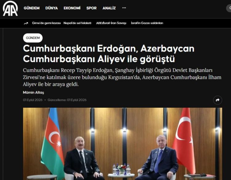 Türkiyə mediası Azərbaycan və Türkiyə prezidentlərinin Bişkek görüşünü geniş işıqlandırıb<font color=red> - FOTOLAR</font>