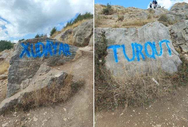 Şuşada bəzi turistlər qaya daşlarının üzərini yazıblar