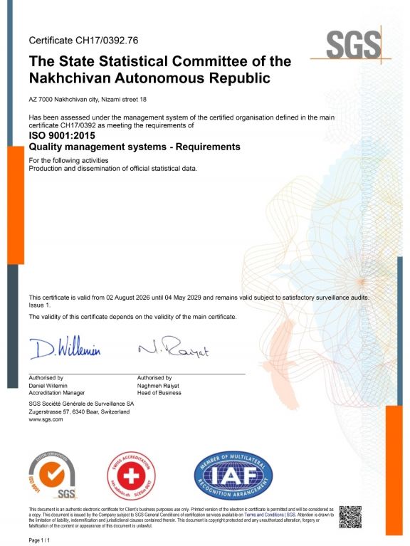 Naxçıvan MR-nın Dövlət Statistika Komitəsi ilk dəfə ISO 9001:2015 üzrə beynəlxalq uyğunluq sertifikatına layiq görülüb