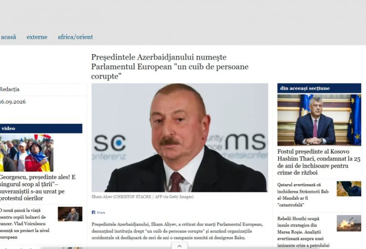 Rumıniya nəşri Prezident İlham Əliyevin Avropa Parlamenti barədə fikirlərini dərc edib